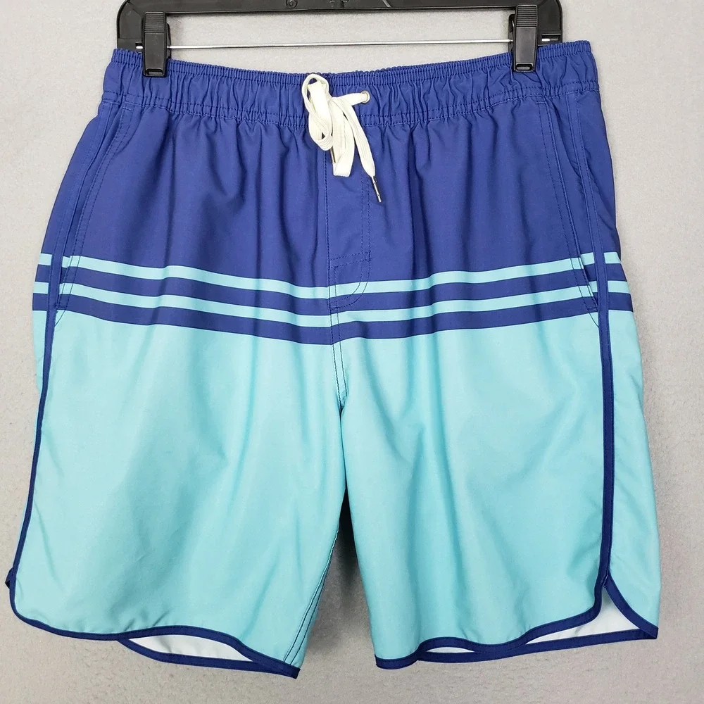 Fair Harbor Size L Anchor Lined Swim Shorts Aqua Cobalt Colorblock Stripe Surf